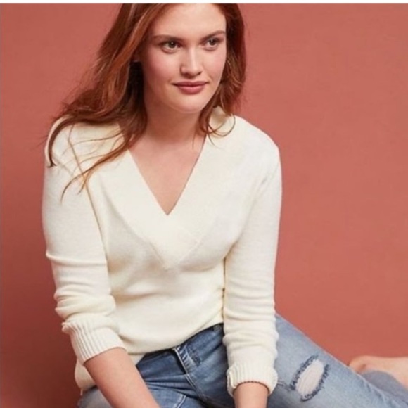 Anthropologie V Neck Oversized Tunic Style Long Sleeve Cream Sweater Size Large - Picture 3 of 8